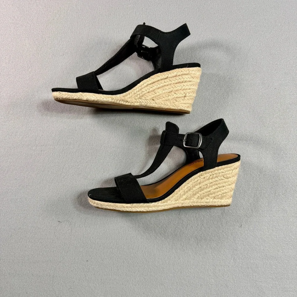 Lucky Brand Millinda T-Strap Espadrille Wedge Sandals Womens Black 7.5 Boho